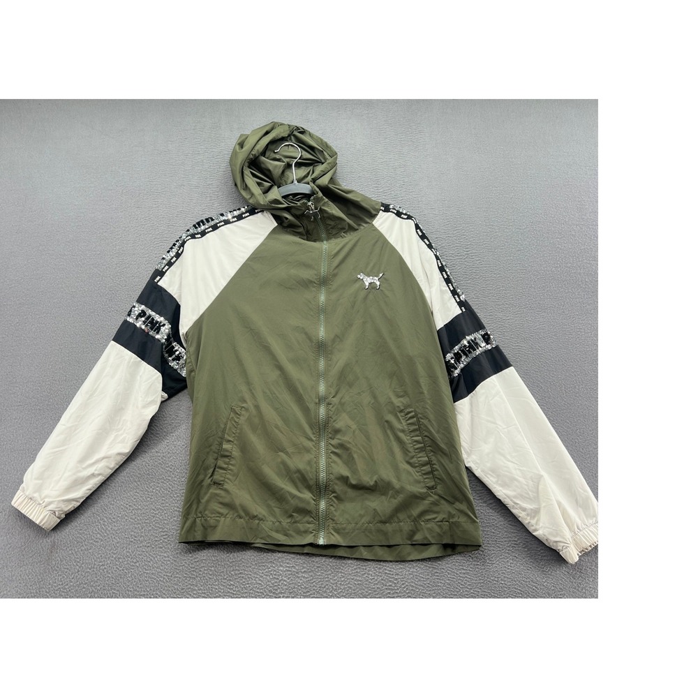 Victoria's Secret PINK Windbreaker Jacket Olive Green Sequin Logo Full Zip Hood